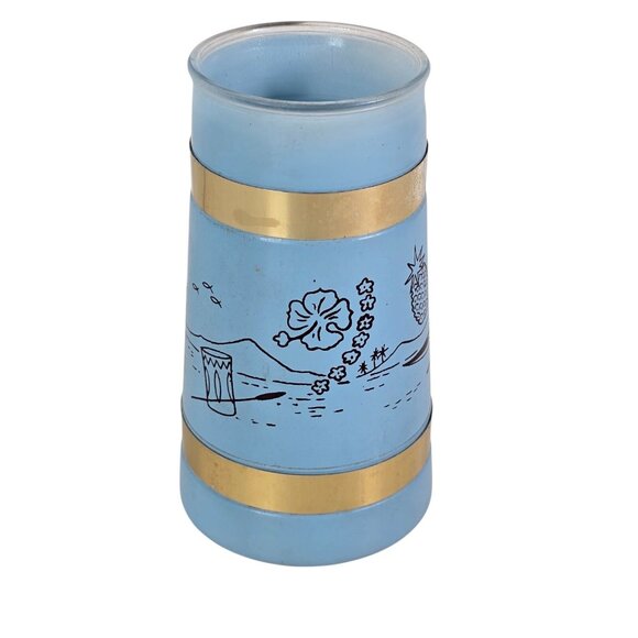 Siesta Ware Tiki Mug Blue Tropical Glass Mug Cup Wooden Handle Bar Vintage 50s - Picture 2 of 8